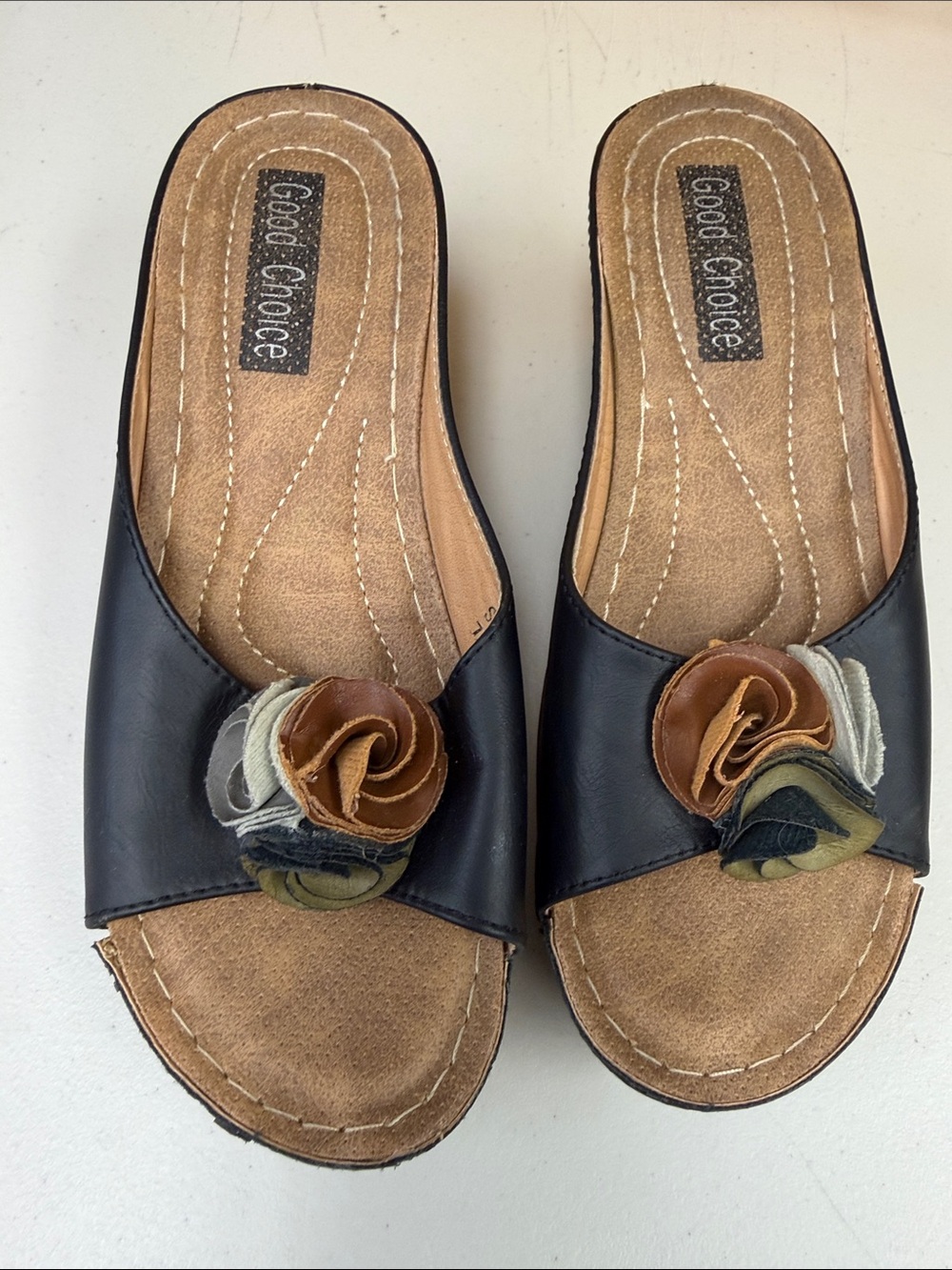 Good Choice Black Slide Mules with Brown & Olive Floral Accent loved worn size 7